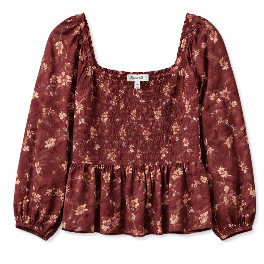 Madewell Smocked Peplum Top‎ Burgundy Floral Square Neck Long Sleeve Blouse 18W